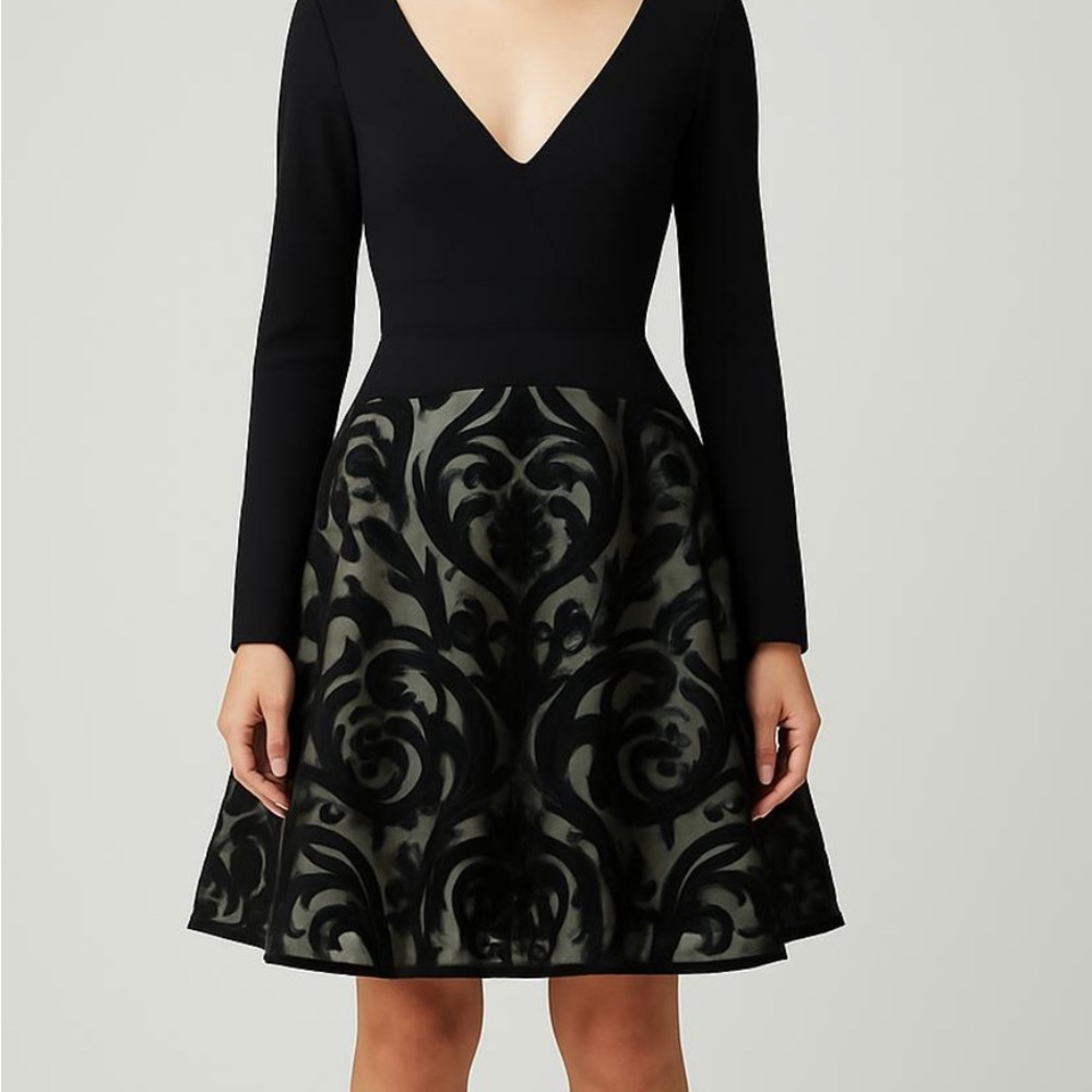 Xscape Black Long Sleeve V-Neck A-Line Cocktail Dress